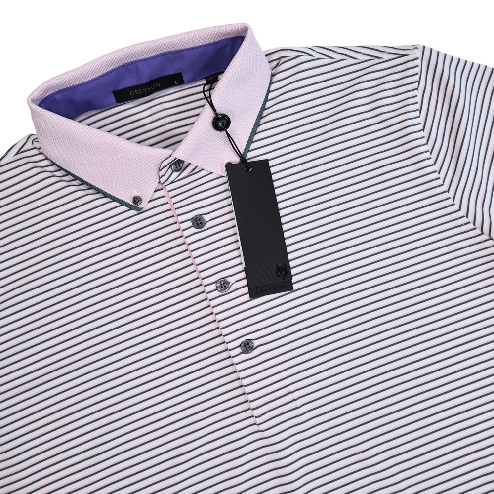 NWT GREYSON Men's L Pink Striped Wassaw Short Sleeve Performance Golf Polo Shirt